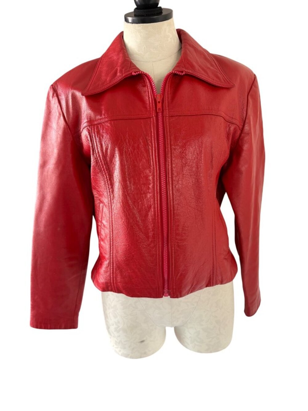 Artpel Womens Zipper Front Collared Jacket Size M Red Leather Pockets Vintage